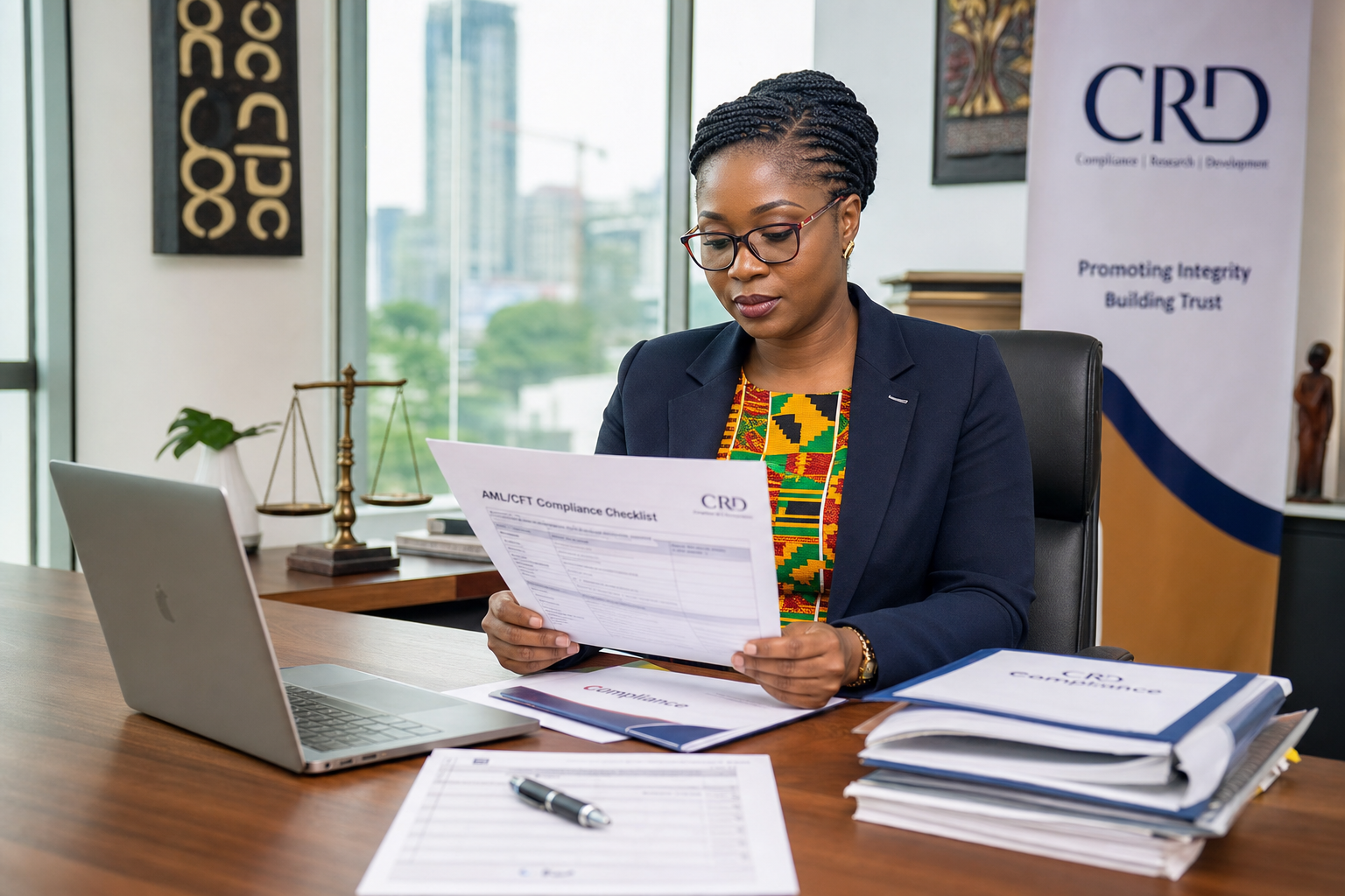 Ghanaian compliance professional reviewing documents