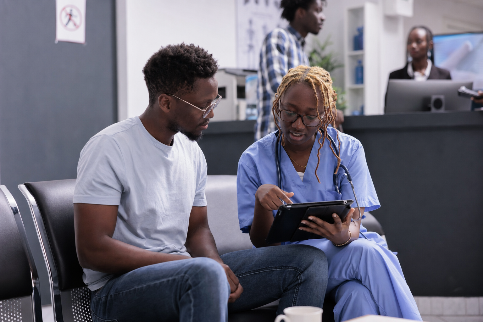 Ghanaian private health insurance broker showing plan to a client