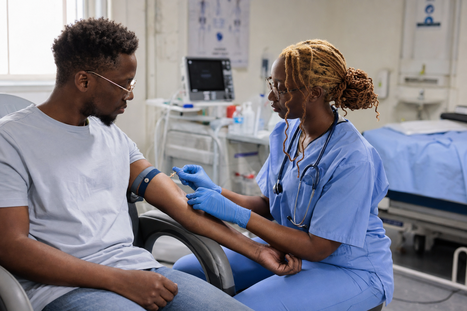 Ghanaian healthcare worker caring for a patient in a private clinic