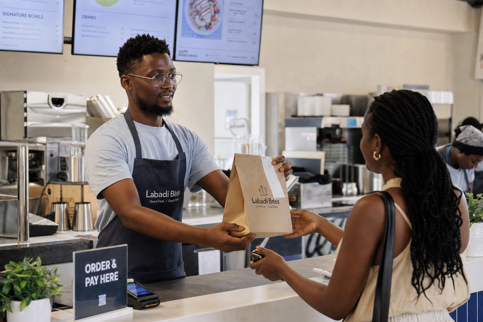 Ghanaian restaurant worker handing a takeaway order to a customer
